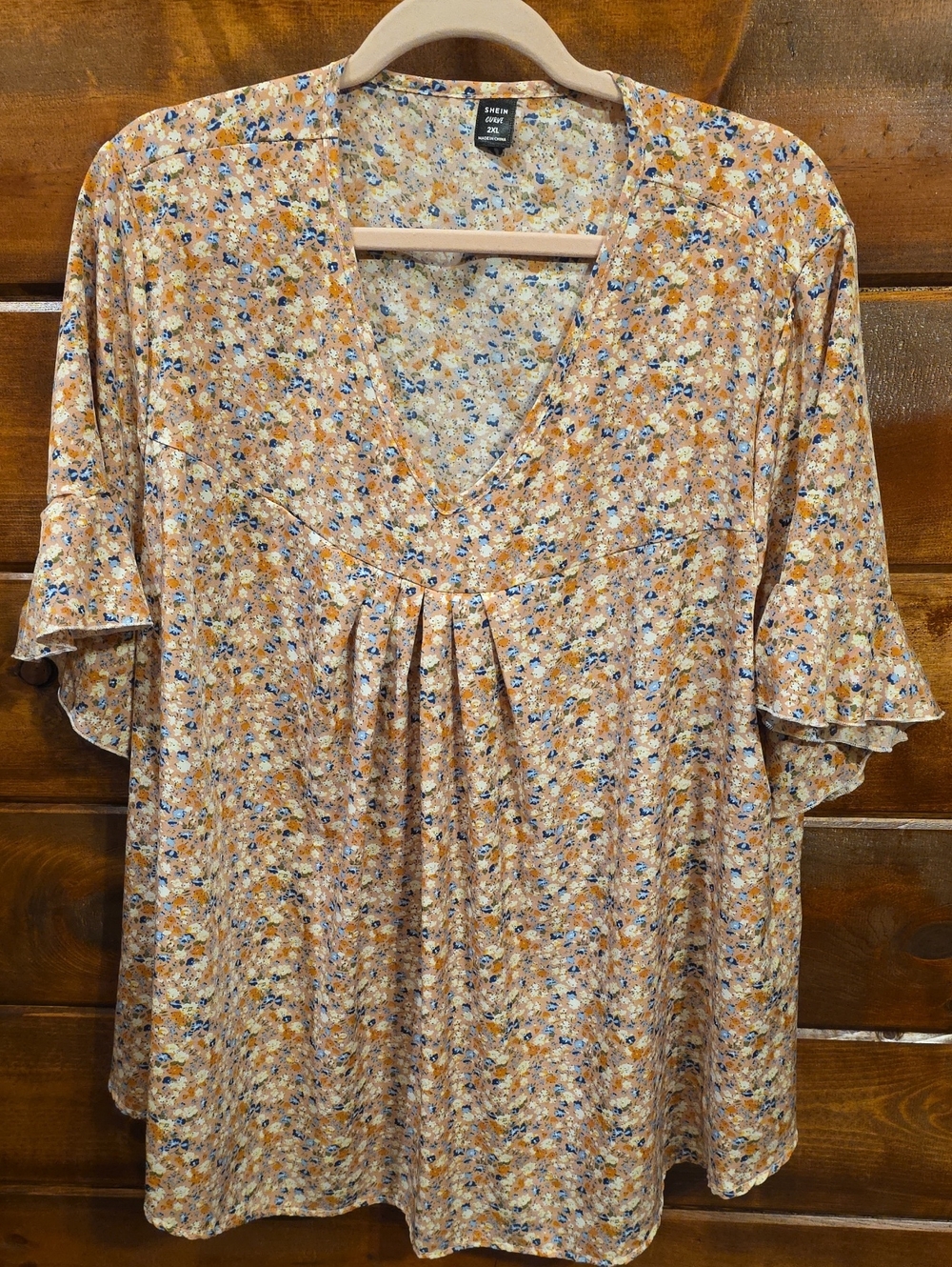 SHEIN Peach Floral V-Neck Flutter Sleeve Tunic